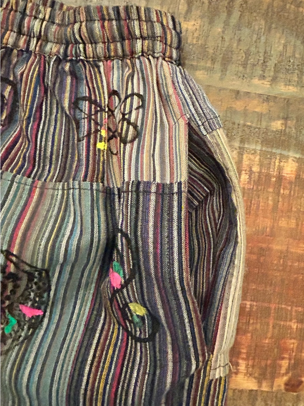 Boho Patchwork Wide-Leg Colorful Striped Harem Pants Cotton Folk Print Size L/XL - Picture 6 of 16
